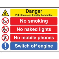 Petroleum Spirit - Highly Flammable - No Smoking, Naked Lights, Mobiles - Switch off Engine